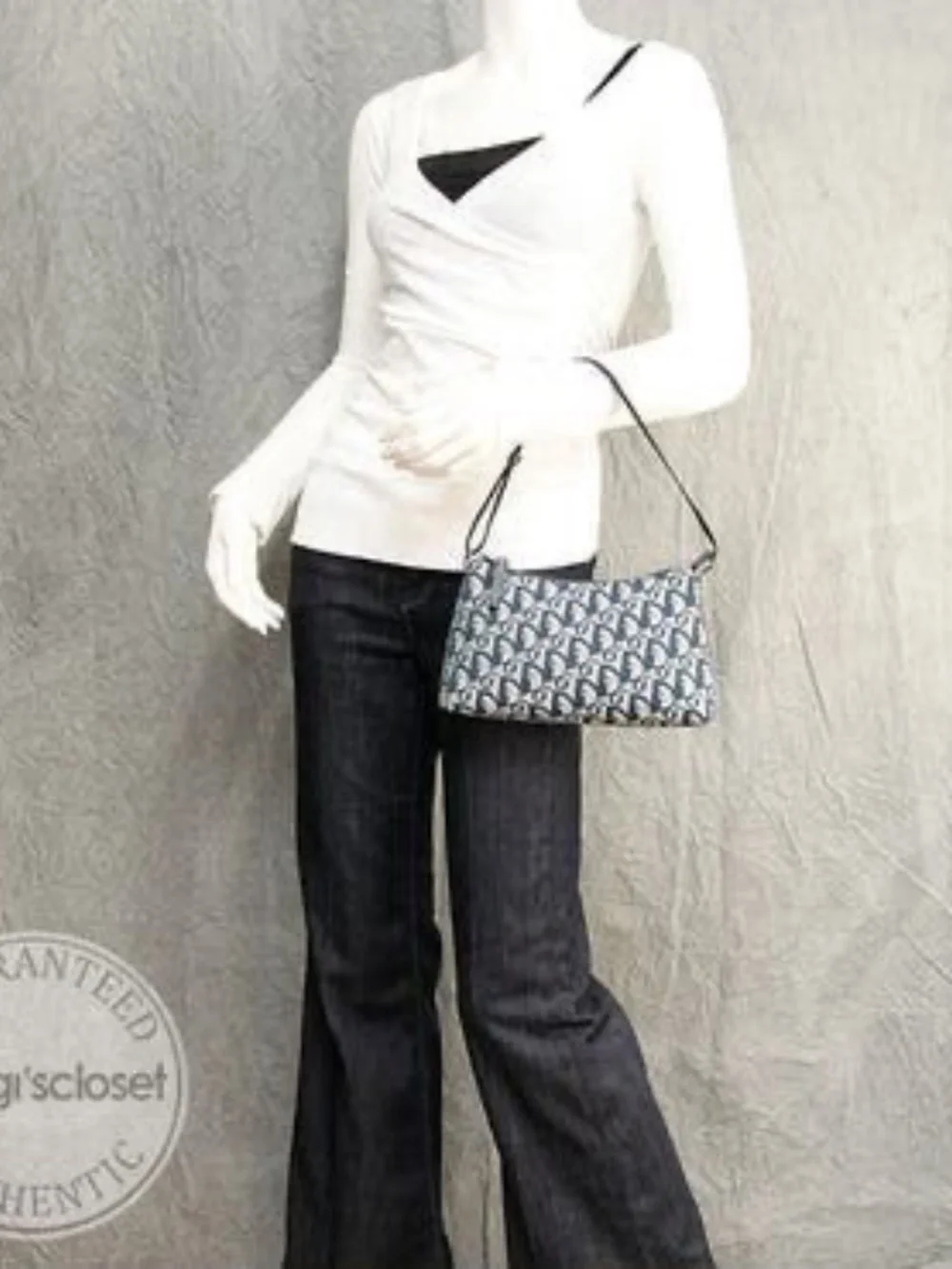 Authentic CHRISTIAN DIOR Denim Logo Pochette Bag Black/Beige